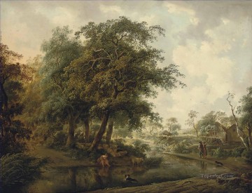 Un paisaje fluvial boscoso con viajeros en una pista una pastora y su rebaño en un banco Paisaje del río Philip Reinagle Pinturas al óleo